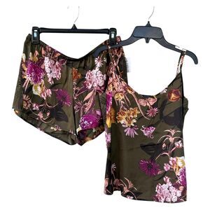 NWT Midnight Bakery print lace trim satin short pajamas set Size S Green Floral